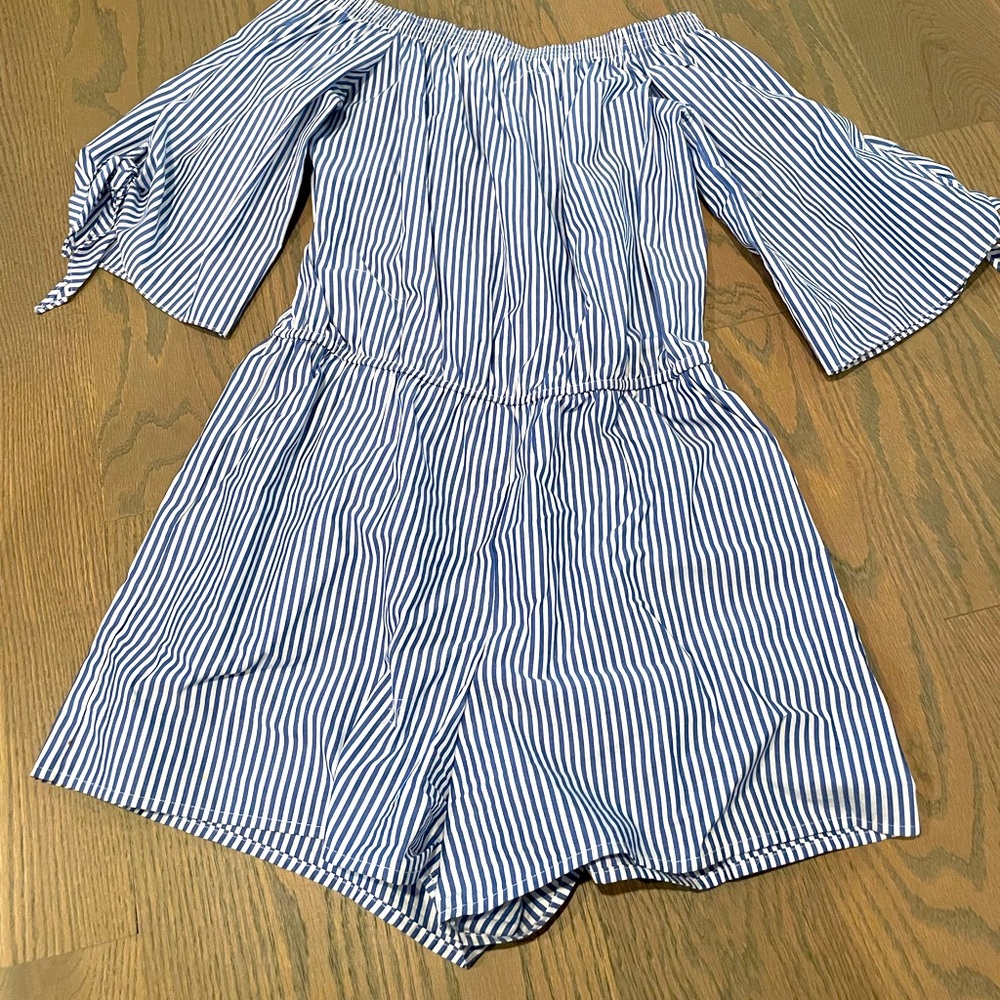 Blue and white off the shoulder romper size small